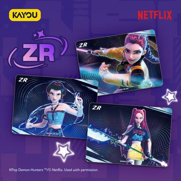 Rumi, Mira and Zoey character cards from 'KPop Demon Hunters' with Netflix and Kayou branding on a purple background.