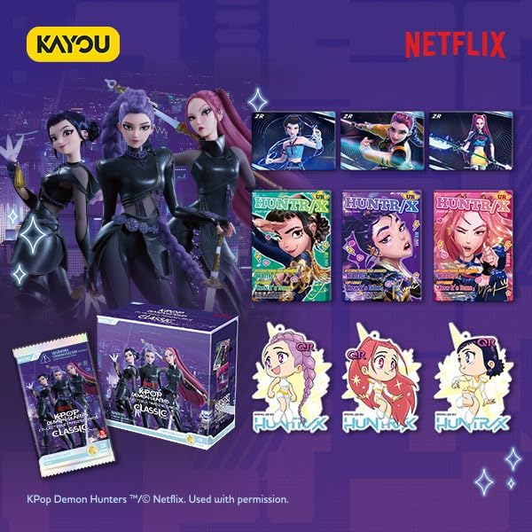 Collection of 'Kpop Demon Hunters' merchandise featuring characters and packaging on a purple background with Netflix and Kayou logos.