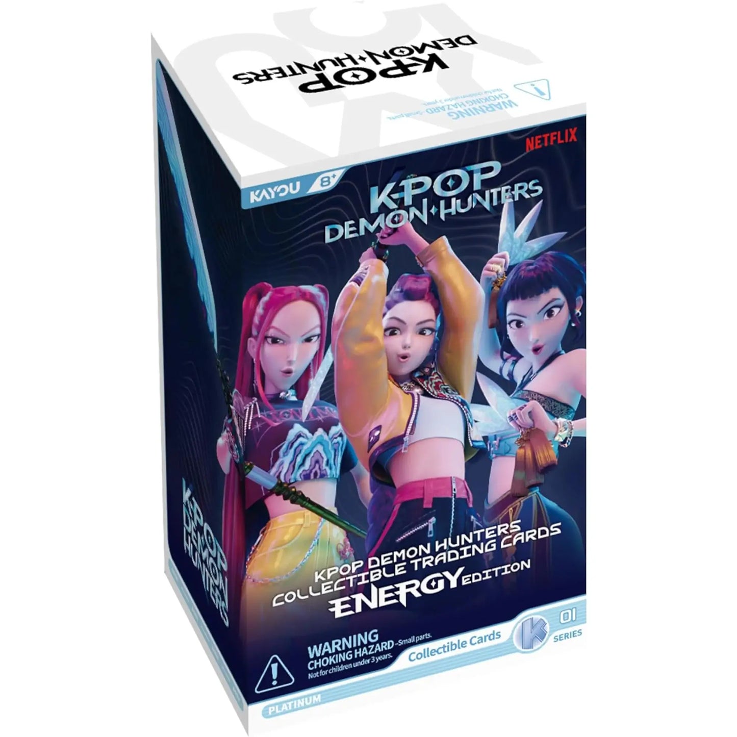 Kayou Netflix K-POP Demon Hunters collectible trading card game box with Mira, Rumi and Zoey  on a white background