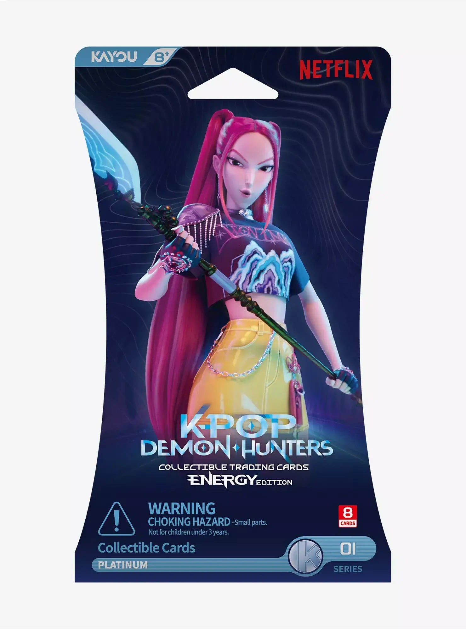 A packaged collectible trading card from K-pop Demon Hunters Energy Edition, featuring the character Mira with a curved moon sword. The card is sealed in a dark blue hanging blister pack with Kayou and Netflix branding at the top and a warning label at the bottom.