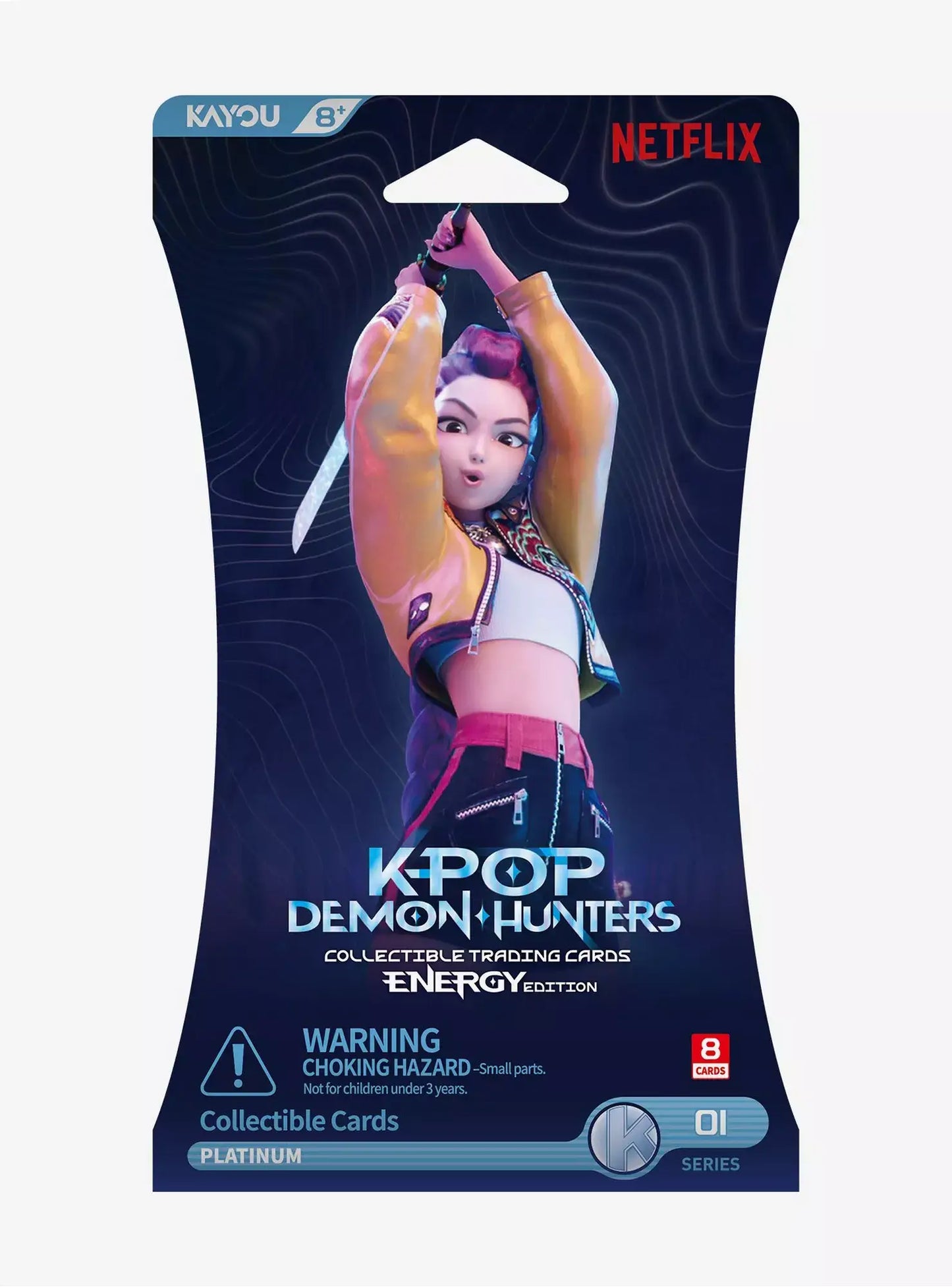 A packaged collectible trading card from K-pop Demon Hunters Energy Edition, featuring the character Ruma with a sword raised over her head. The card is sealed in a dark blue hanging blister pack with Kayou and Netflix branding at the top and a warning label at the bottom.