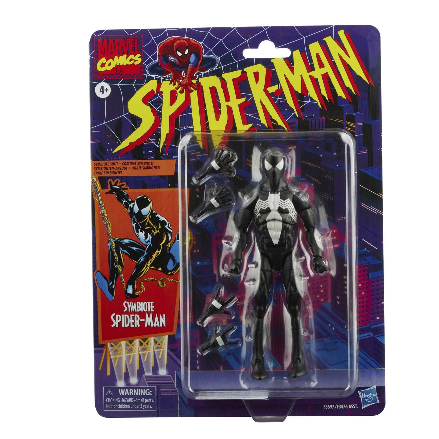 Marvel Legends Series Retro Symbiote Spider-Man Peter Parker Figure front of Blister Card