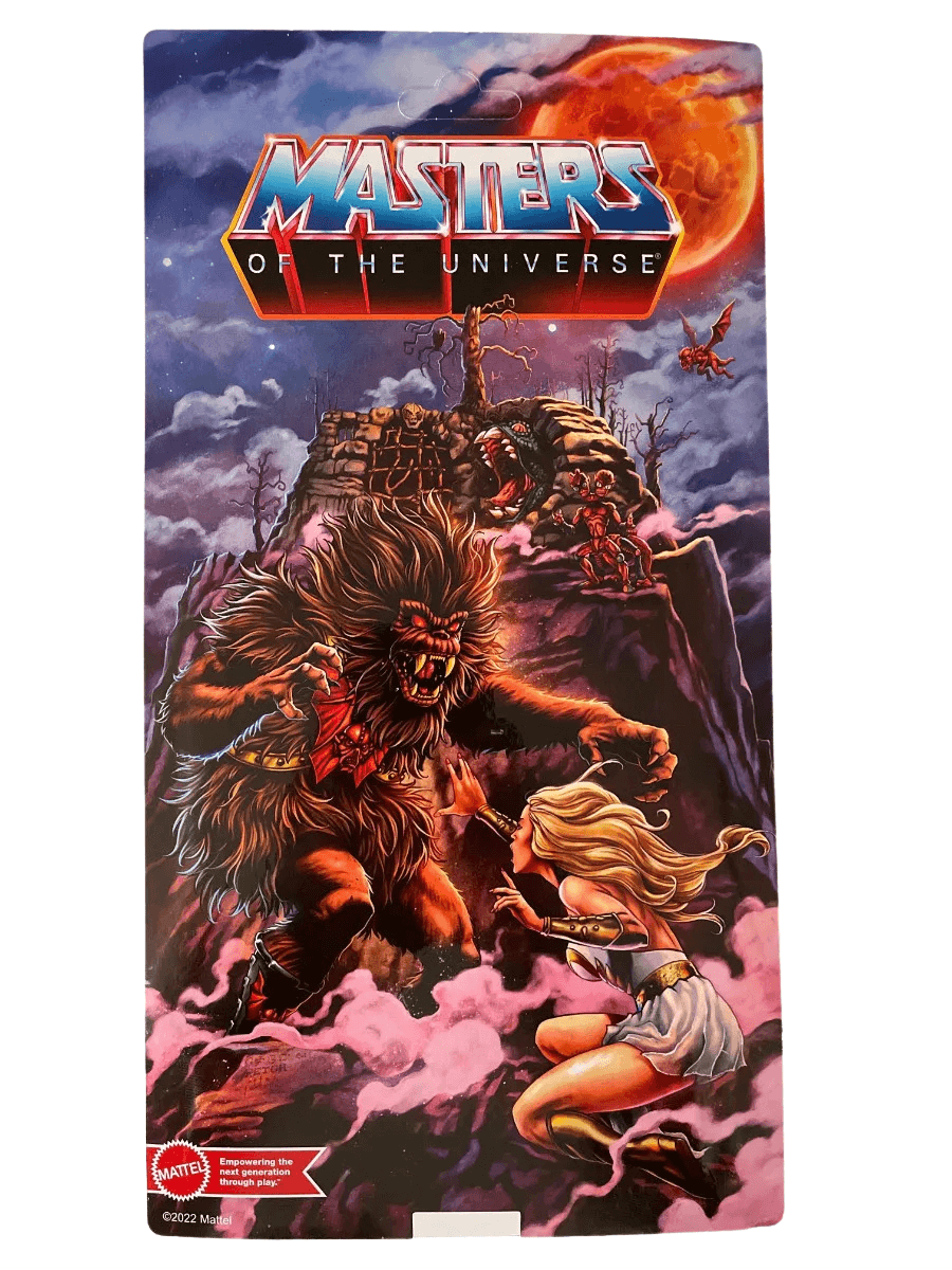 Masters of the Universe packaging with Grizzlor and a woman on a stormy sky background