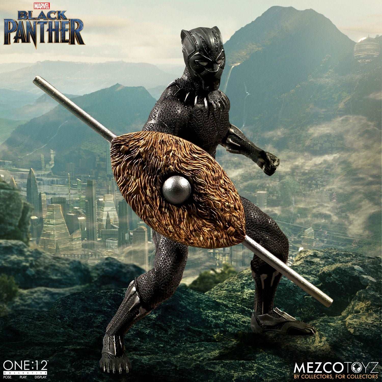 mezco one twelfth collective black panther figure with shield and spear