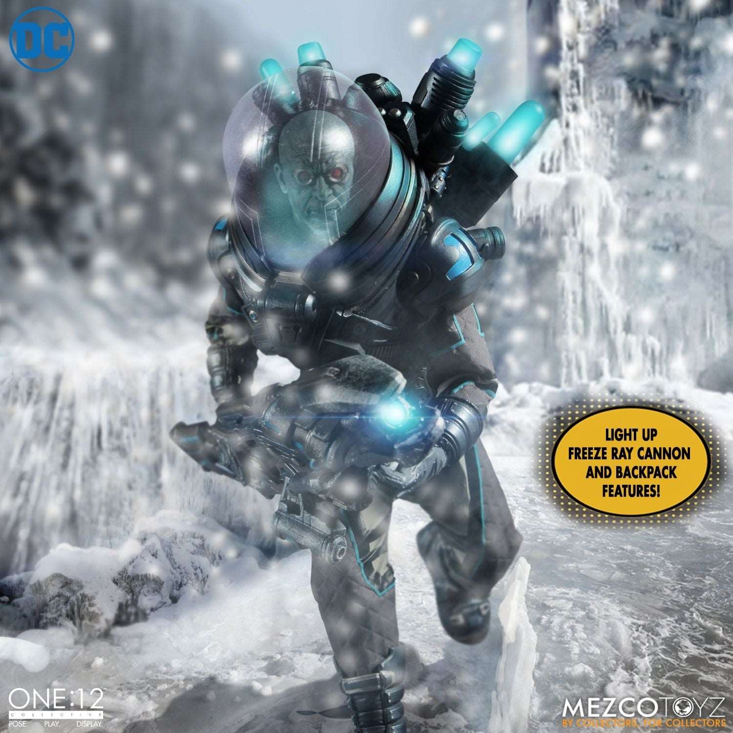mezco one twelfth Mr. Freeze figure light up freeze ray cannon and backpack features