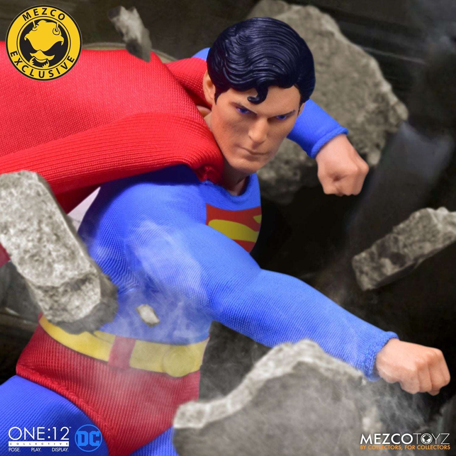 mezco one twelfth collective superman 1978 Christopher Reeve edition figure punching through wall