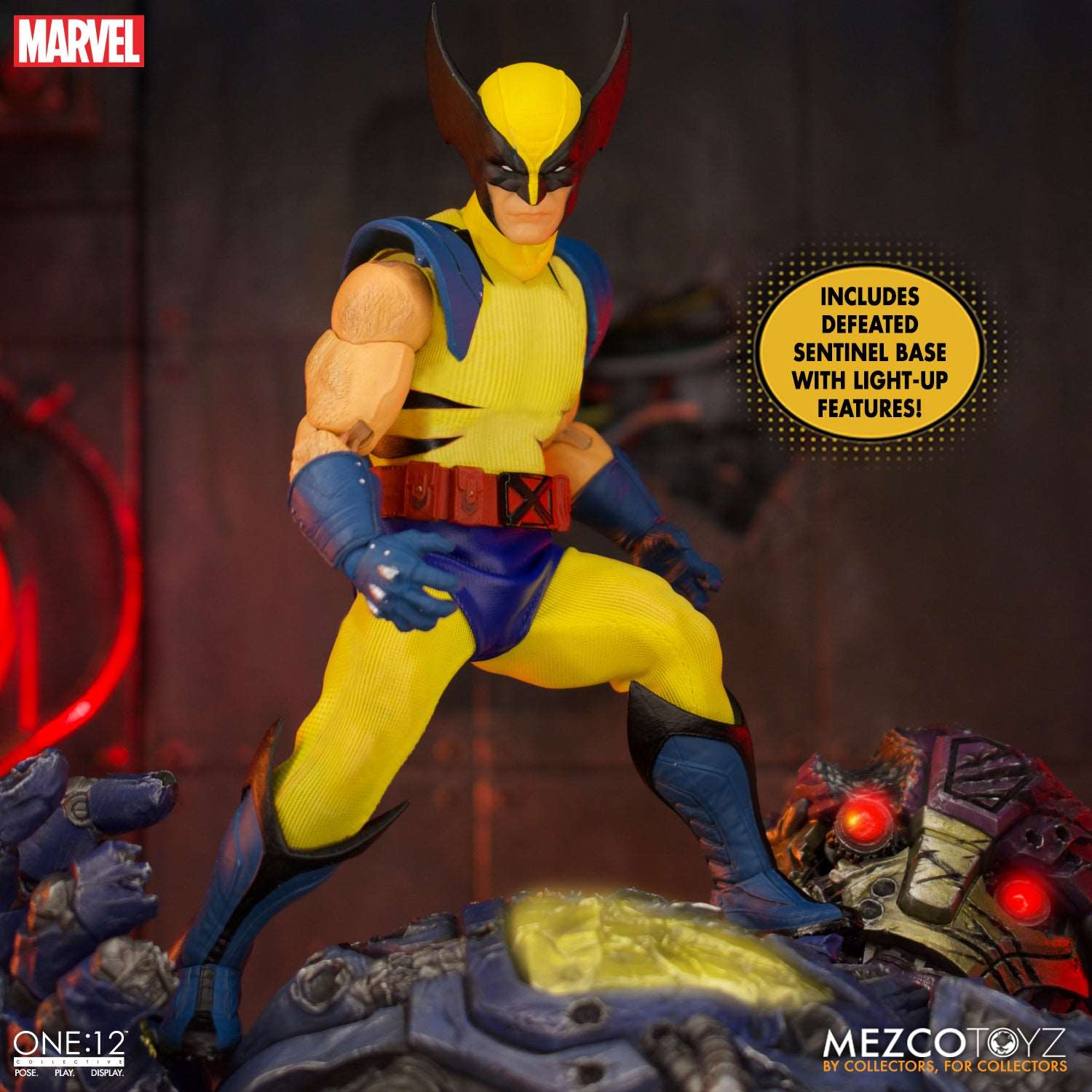 mezco one twelfth collective wolverine steel edition figure and sentinel base with light up features
