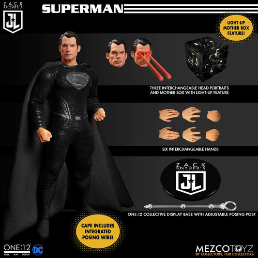 Mezco One Twelfth Collective Zack Snyder’s Justice League Deluxe Steel Boxed Set Black Suit Superman figure and accessories
