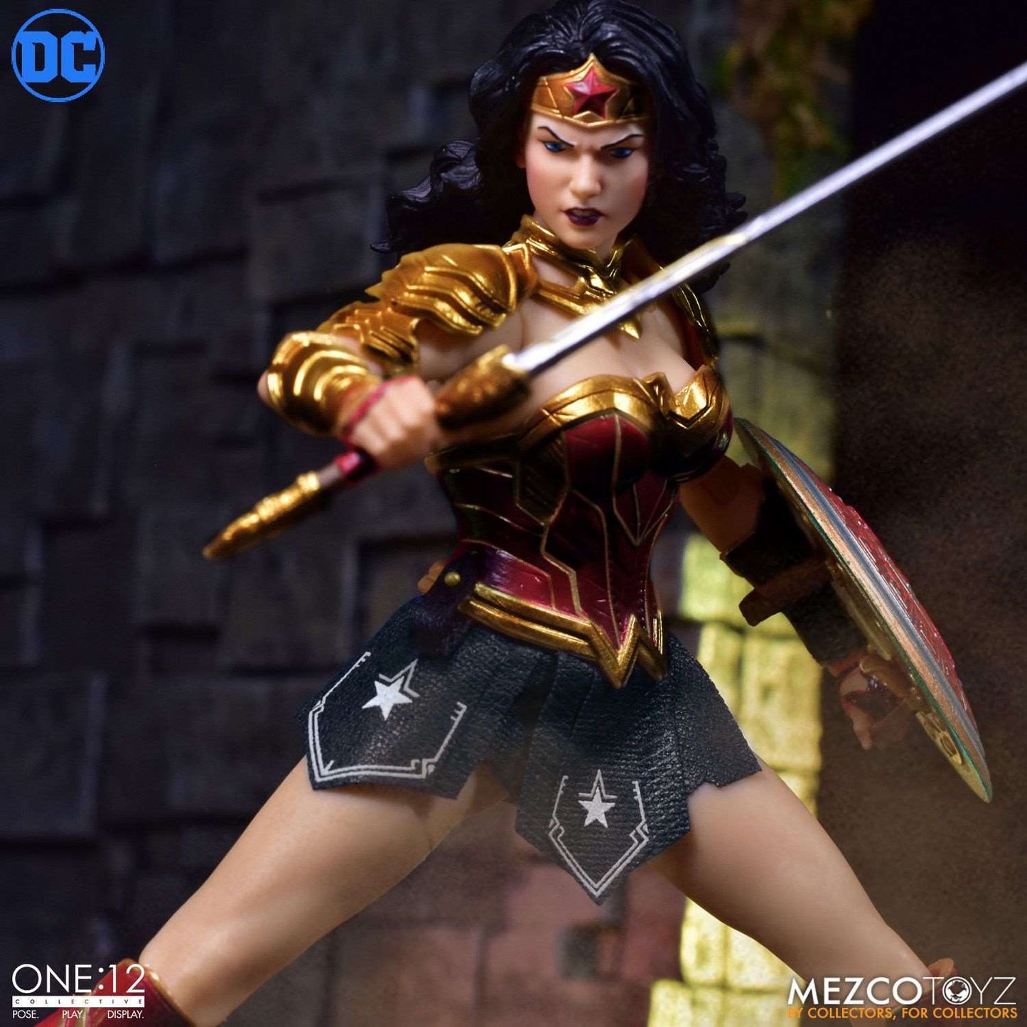 Mezco One:12 DC Universe Wonder Woman figure with sword and shield
