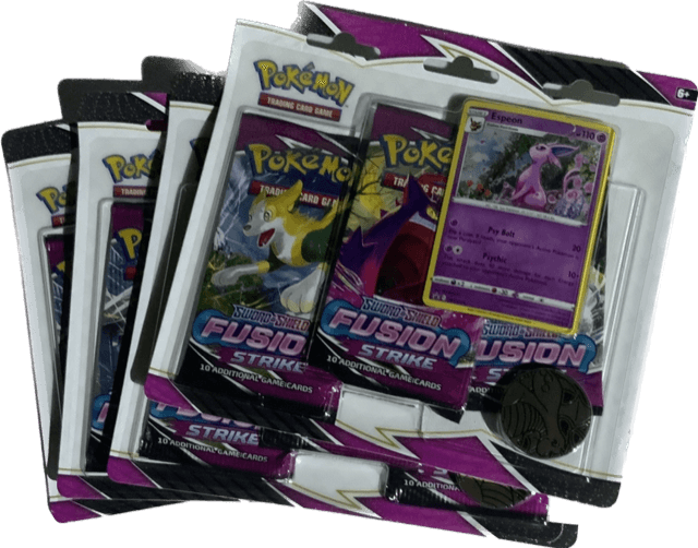 Pokemon Mystery Box blister with 3 modern fusion strike booster packs, foil promo and coin