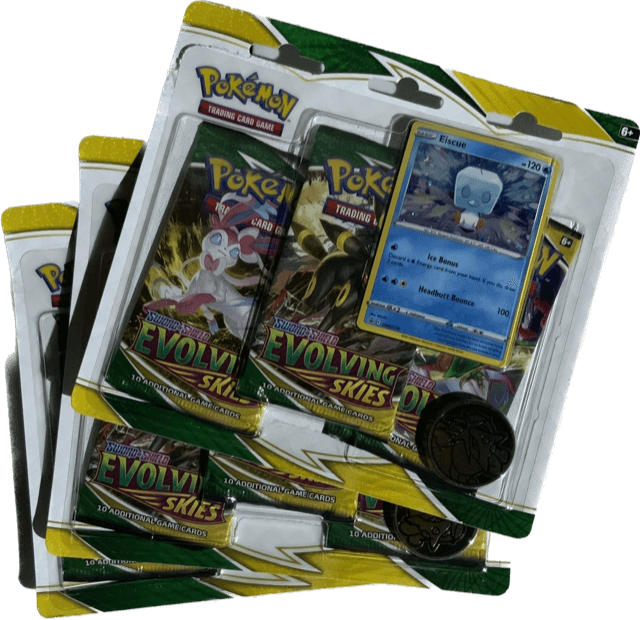 Pokemon Mystery Box blister with 3 modern evolving skies booster packs, foil promo and coin