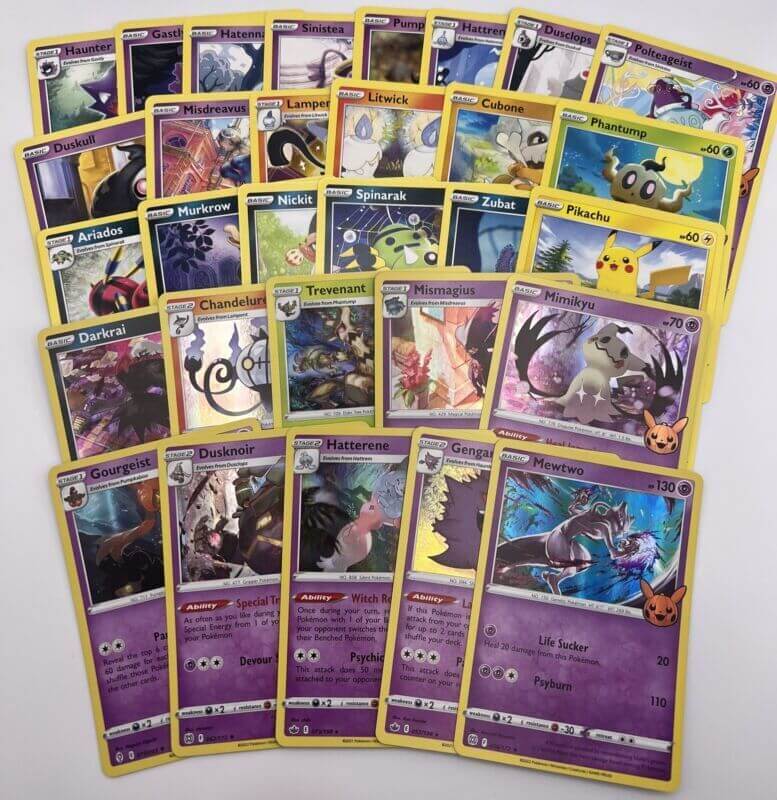 Pokemon TCG: Trick or Trade BOOster bundle complete set of 30 cards - Ten of the cards are holos: Gengar, Mewtwo, Mismagius, Dusknoir, Darkrai, Chandelure, Trevenant, Gorgeist, Mimikyu, and Hatterene