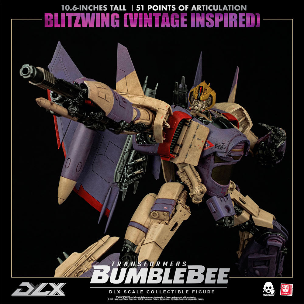 Threezero Transformers Bumblebee Movie Blitzwing Generation 1 inspired Deco - DLX Scale Figure action pose arm cannon extended